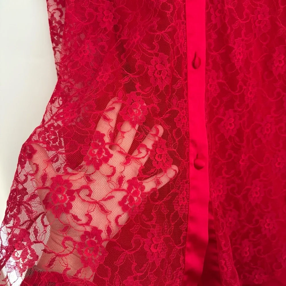 Victoria’s Secret Vintage Gold Label Red Satin Lace Button Down Nightgown Tunic